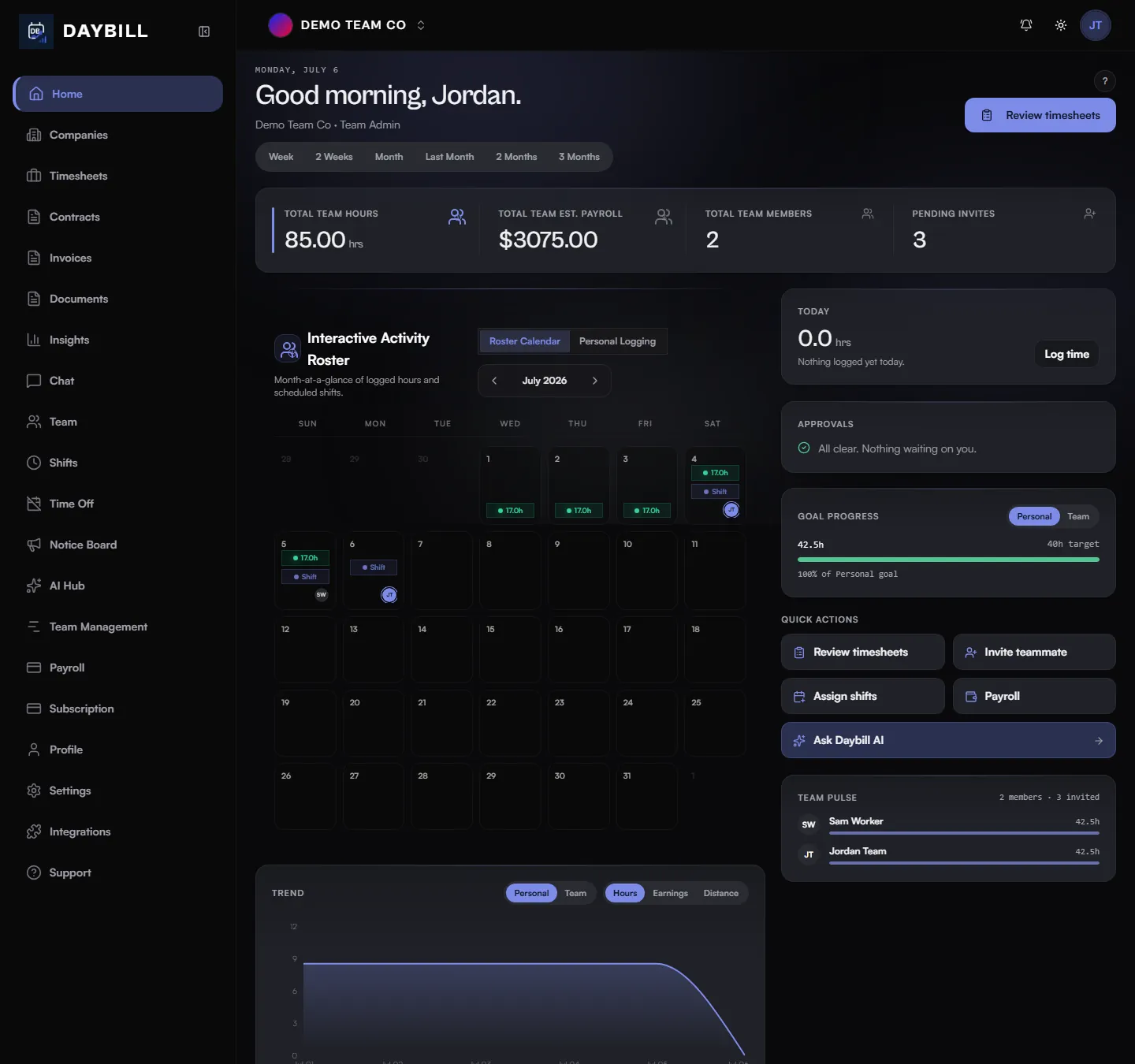 Team dashboard in dark mode