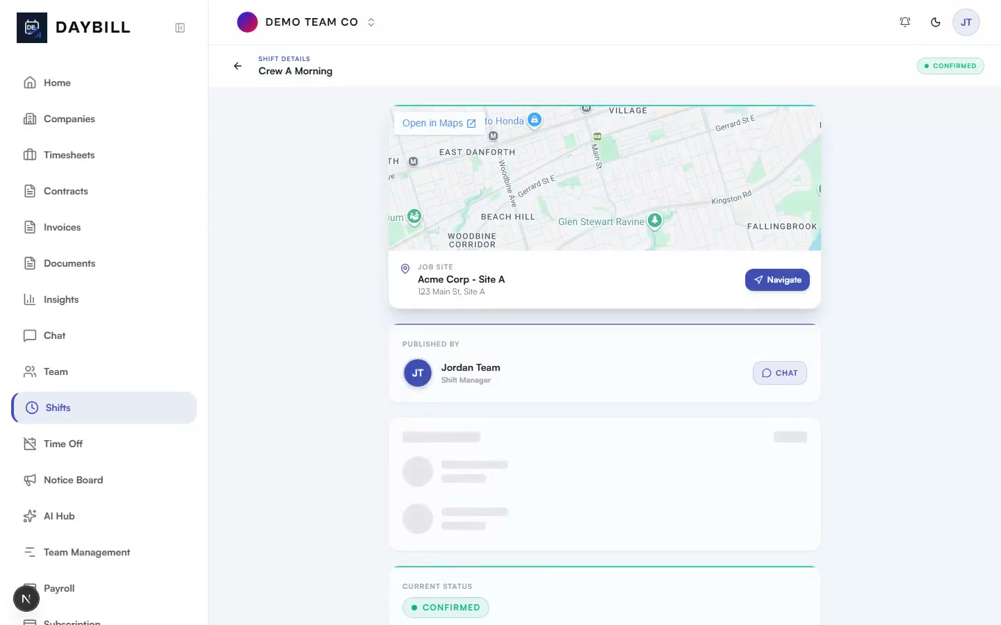 Geofenced clock-in checking the job-site radius on a shift in Daybill