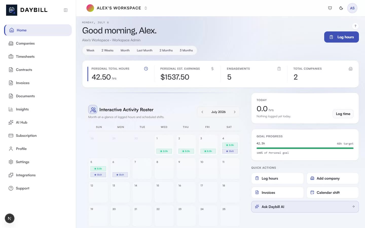 Logging hours from the Daybill dashboard